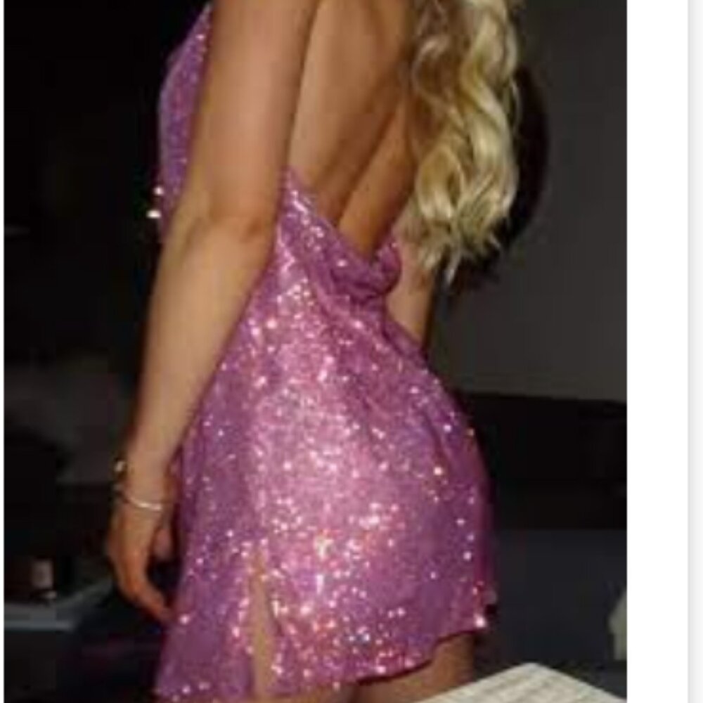 Meshki- Pink Diamante Mesh Halter Mini Dress Low Back Medium - Picture 6 of 12
